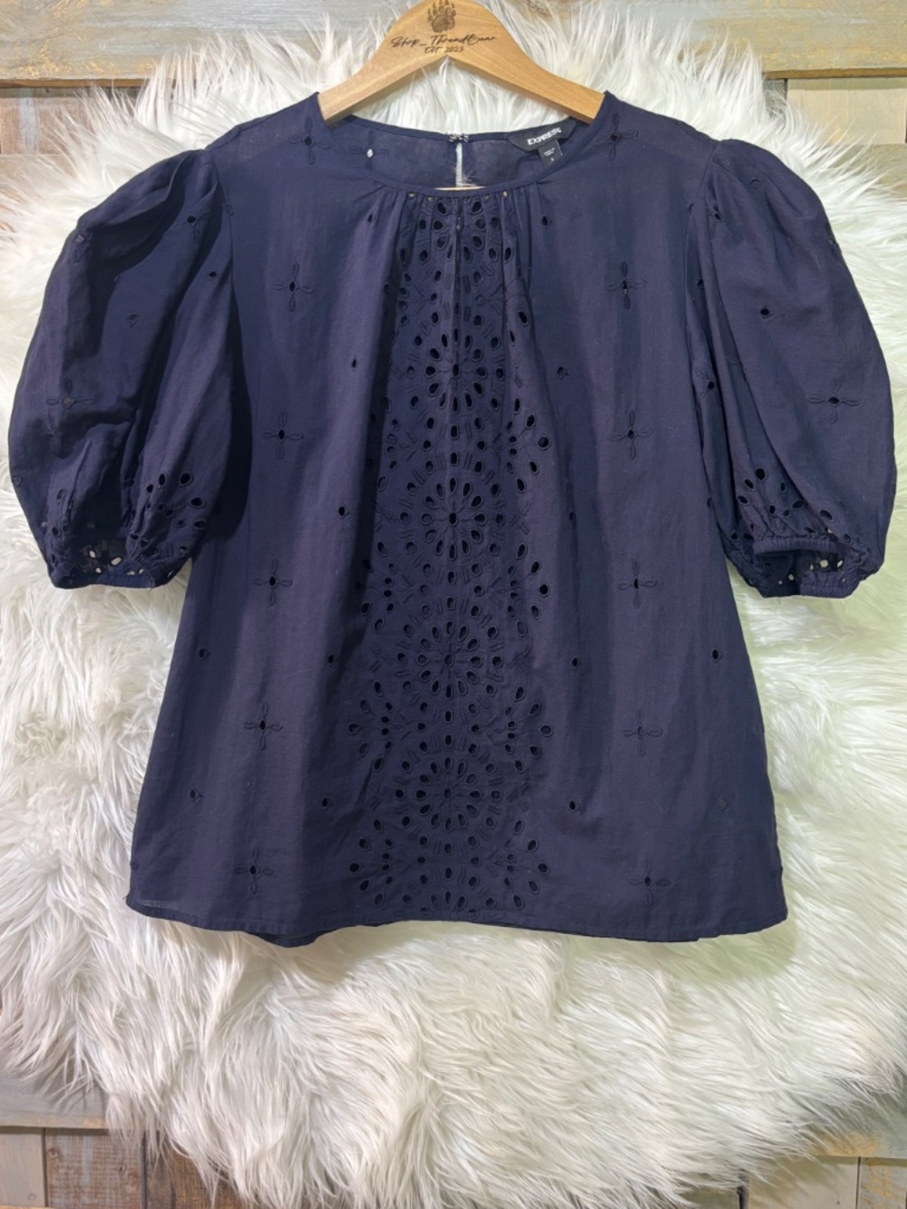 NWT [EXPRESS] 100% Cotton Navy Blue Short Puff Sleeve Eyelet Blouse Top | Small